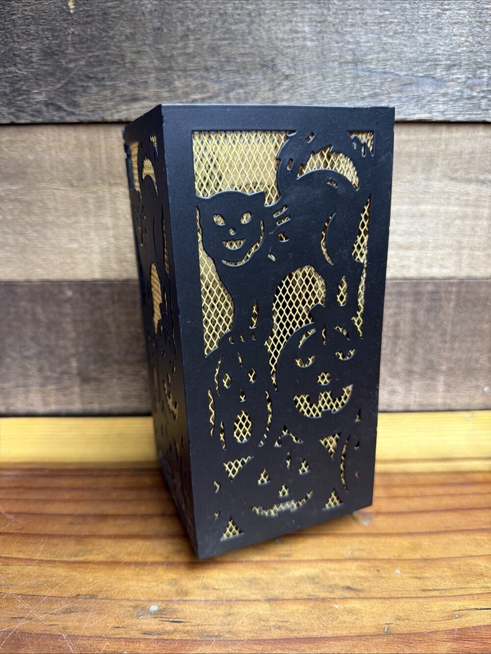 Black Cat Pumpkins Candle Holder Lantern 7.5x3.5”